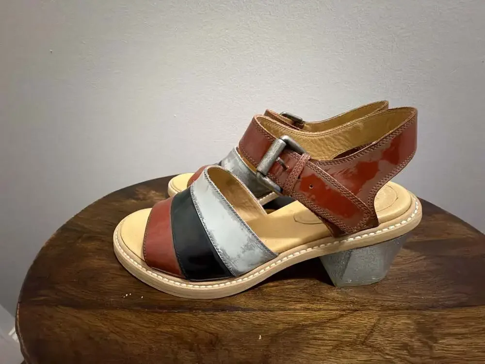 MM6 Maison Margiela Tri-Color Patent Leather Block‎ Heel Sandals Size 38